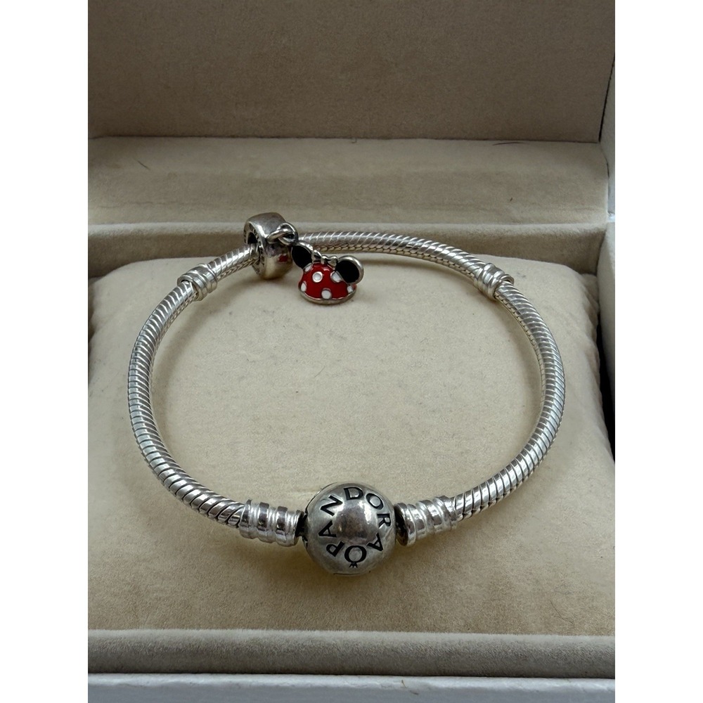 Pandora Disney Parks Silver Bracelet with Minnie Mouse Ear Hat Charm & Box - Picture 4 of 9